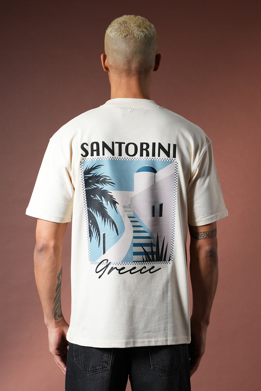 T-Shirt mit Santorin-Aufdruck – LL110090