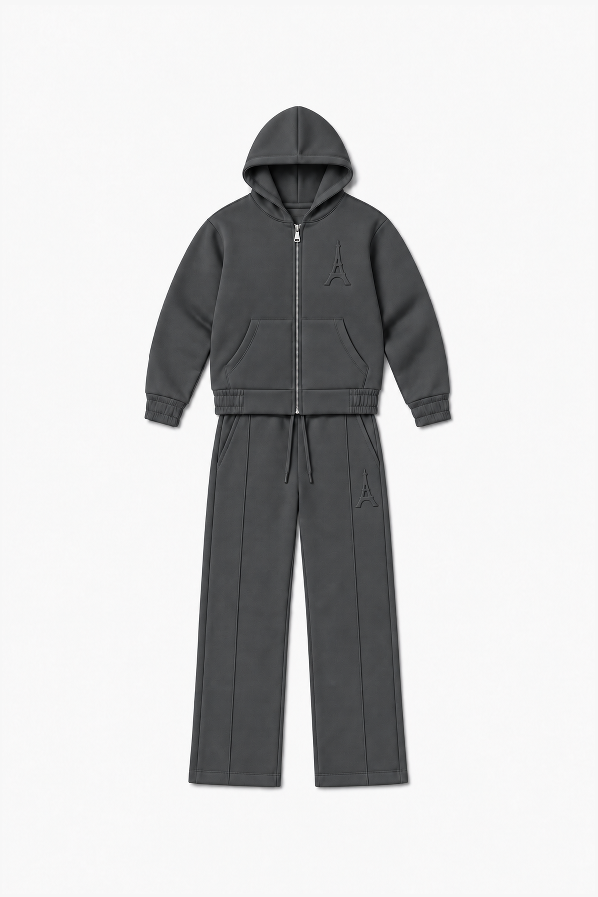 LP2616 — Anthracite — Vue à plat, reliefs Eiffel sur veste et pantalon