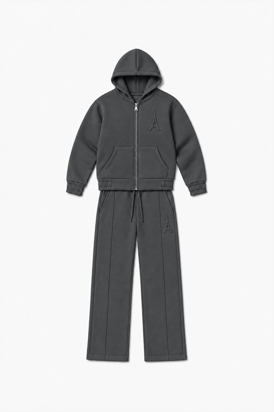 LP2616 — Anthracite — Vue à plat, reliefs Eiffel sur veste et pantalon