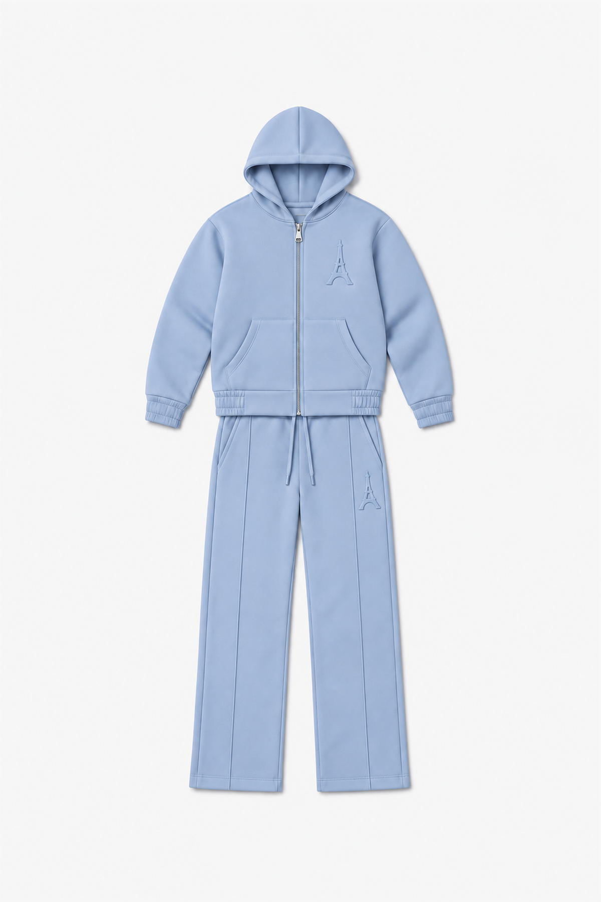 LP2616 — Bleu Clair — Vue à plat, reliefs Eiffel sur veste et pantalon