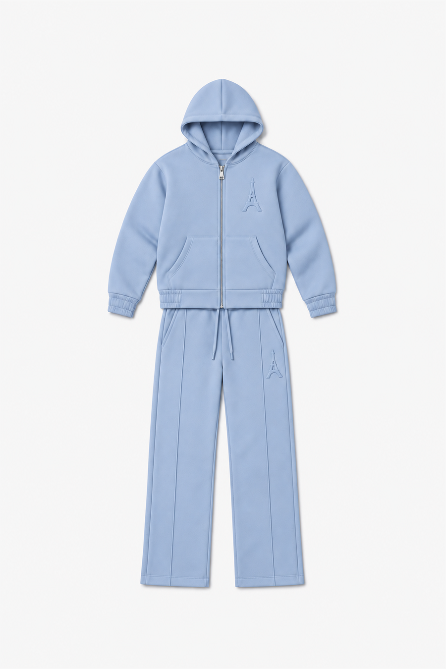 LP2616 — Bleu Clair — Vue à plat, reliefs Eiffel sur veste et pantalon