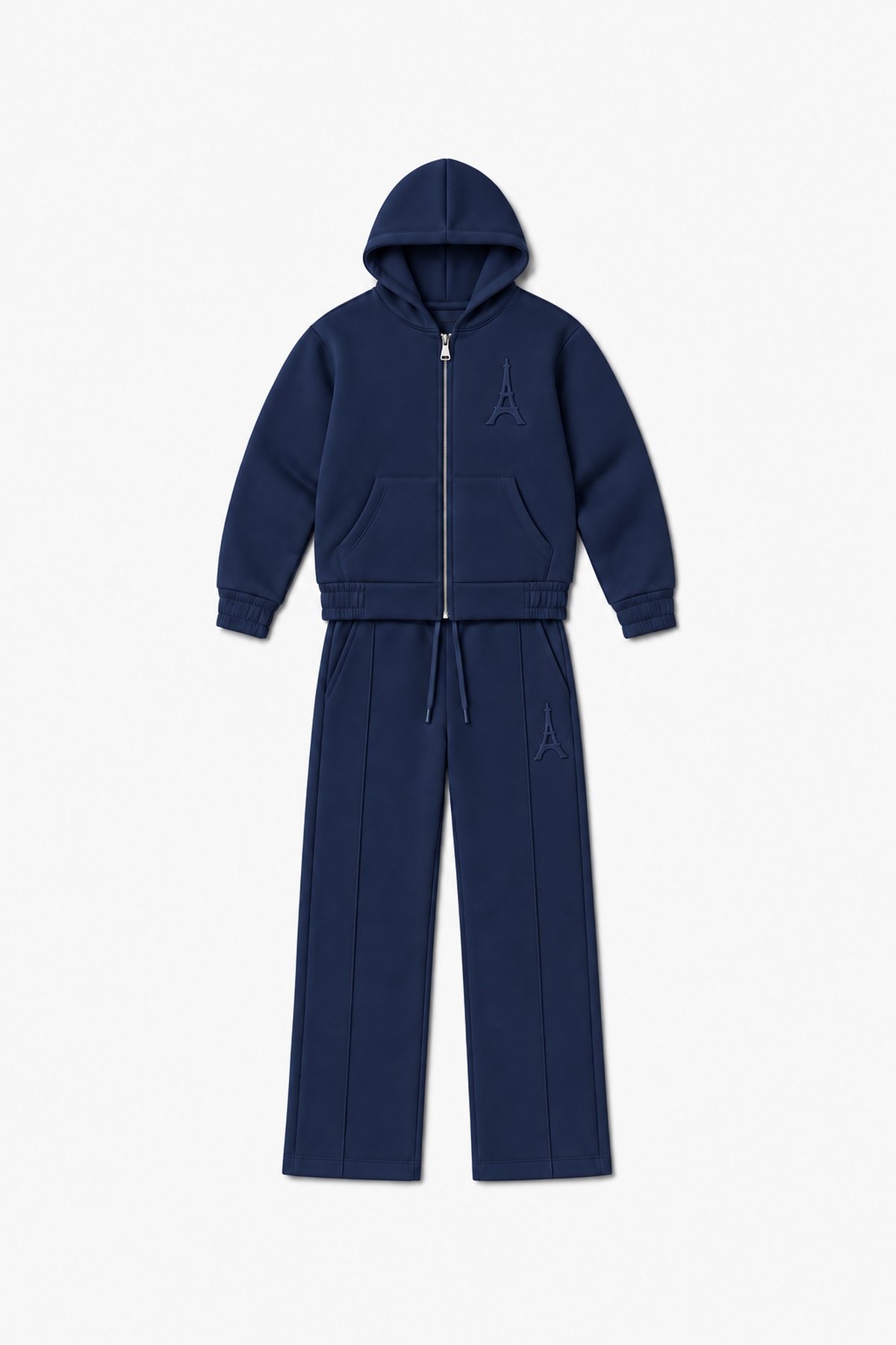 LP2616 — Bleu Marine — Vue à plat, reliefs Eiffel sur veste et pantalon