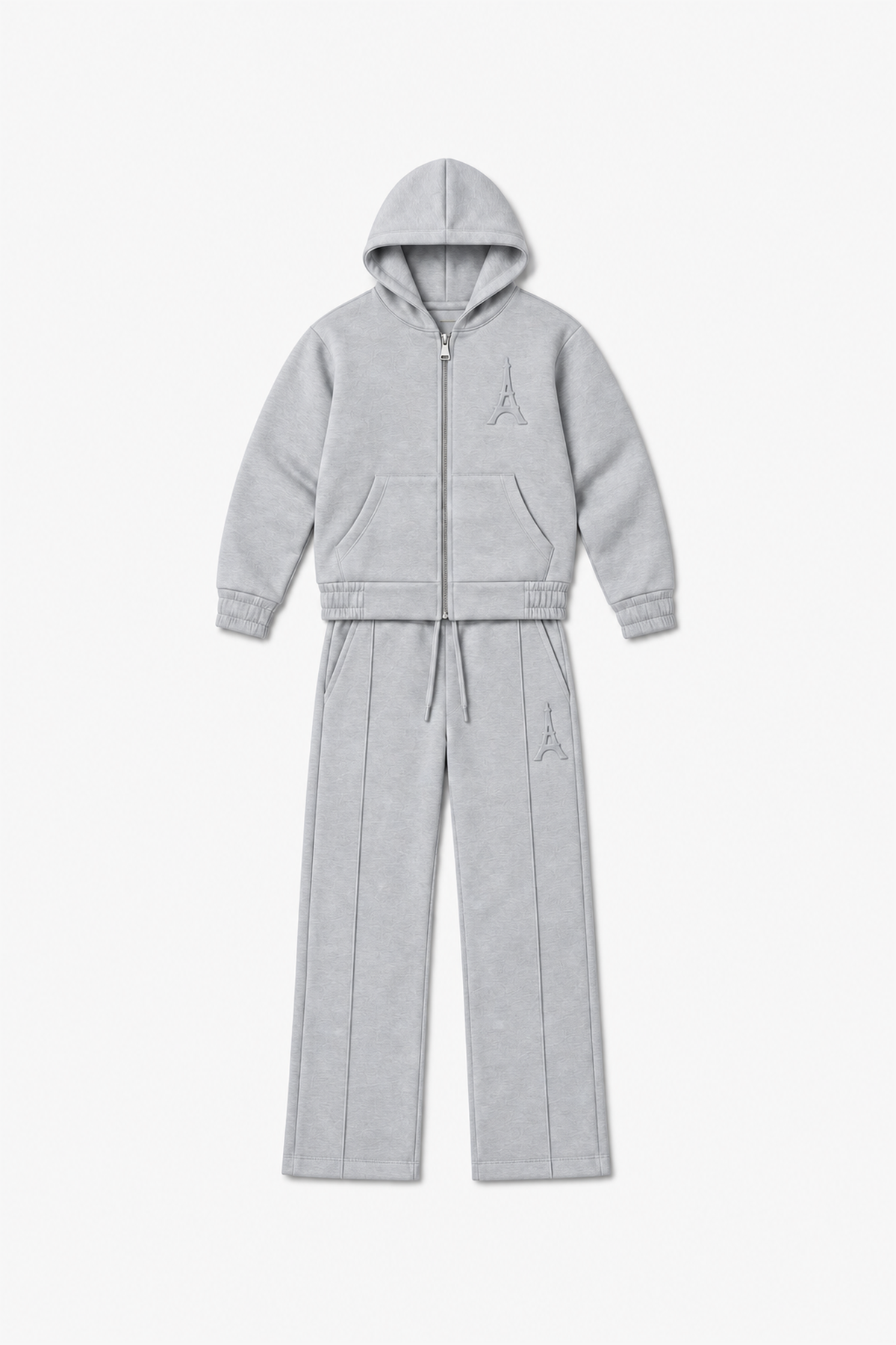 LP2616 — Gris — Vue à plat, reliefs Eiffel sur veste et pantalon