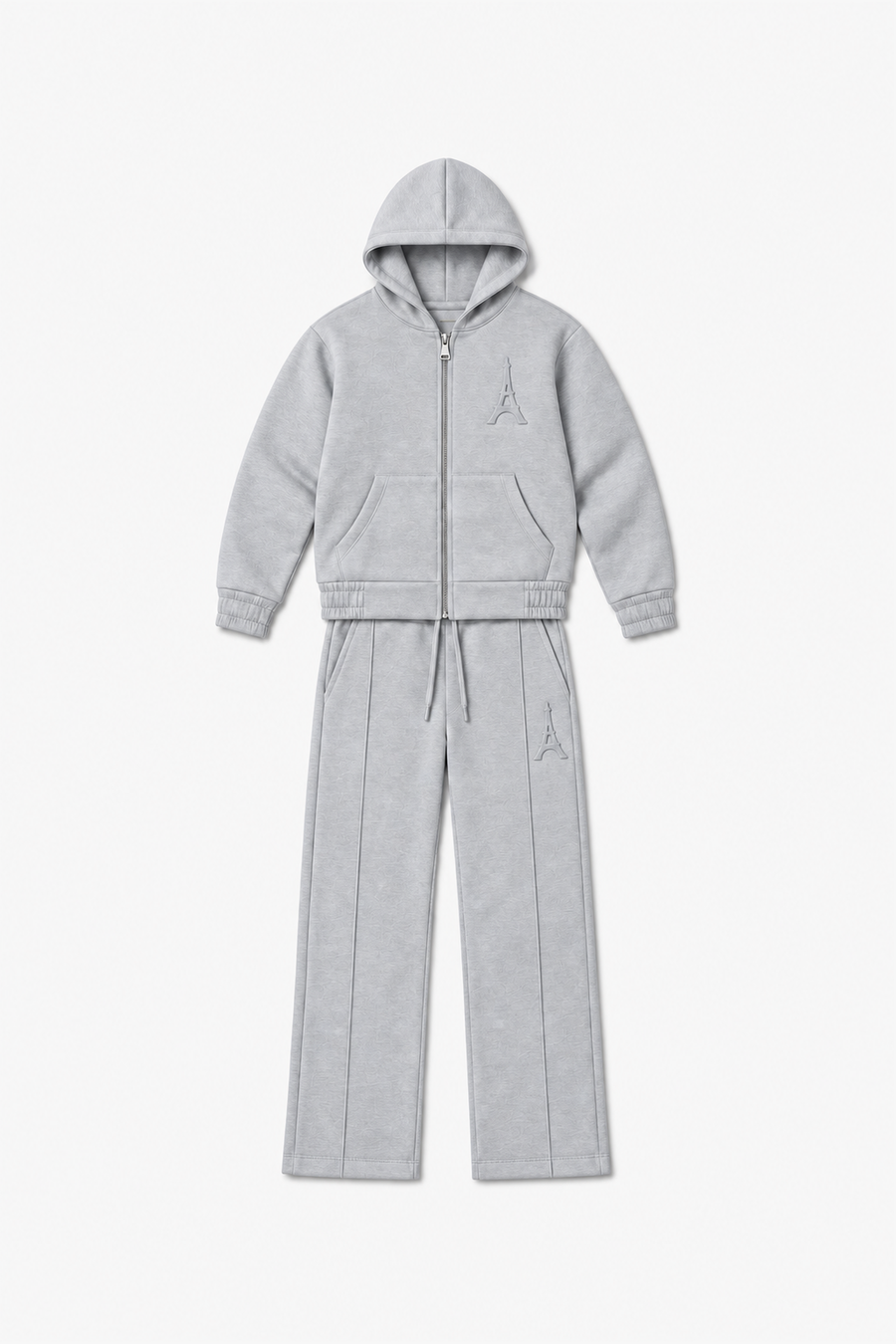 LP2616 — Gris — Vue à plat, reliefs Eiffel sur veste et pantalon