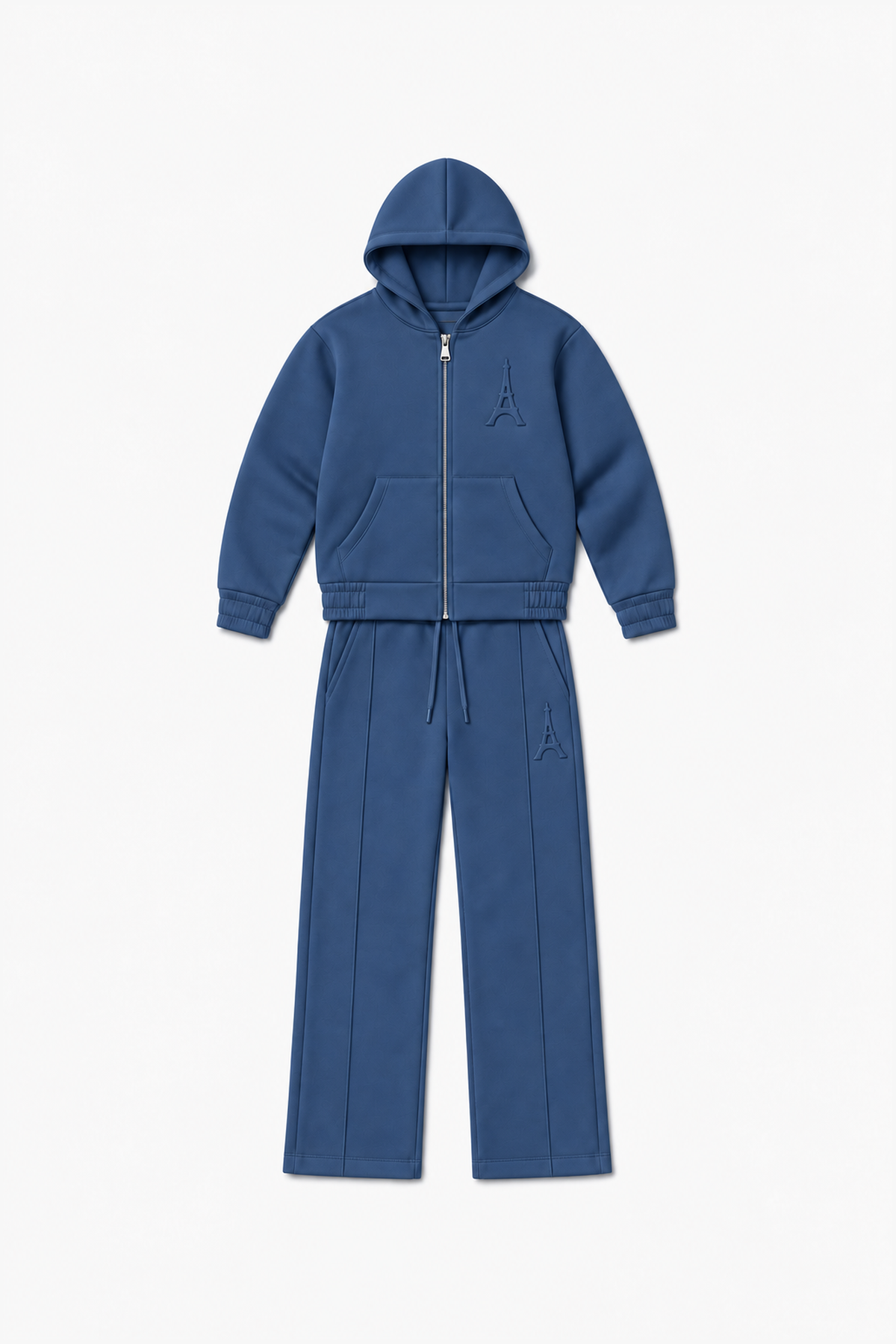 LP2616 — Indigo — Vue à plat, reliefs Eiffel sur veste et pantalon