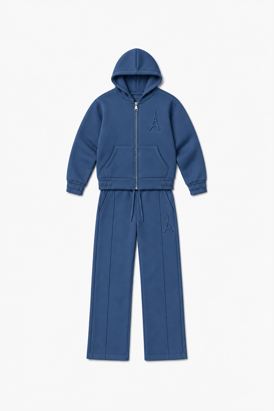 LP2616 — Indigo — Vue à plat, reliefs Eiffel sur veste et pantalon