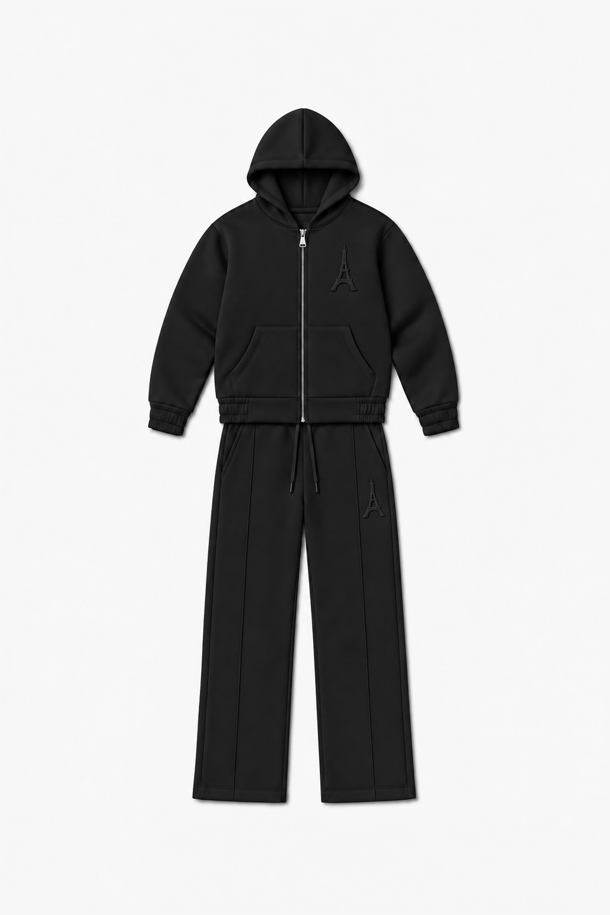 LP2616 — Noir — Vue à plat, reliefs Eiffel sur veste et pantalon