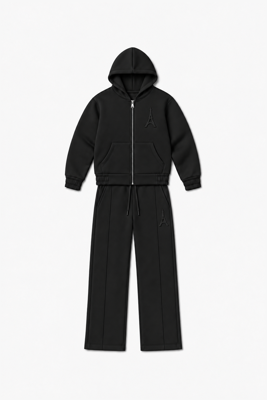 LP2616 — Noir — Vue à plat, reliefs Eiffel sur veste et pantalon