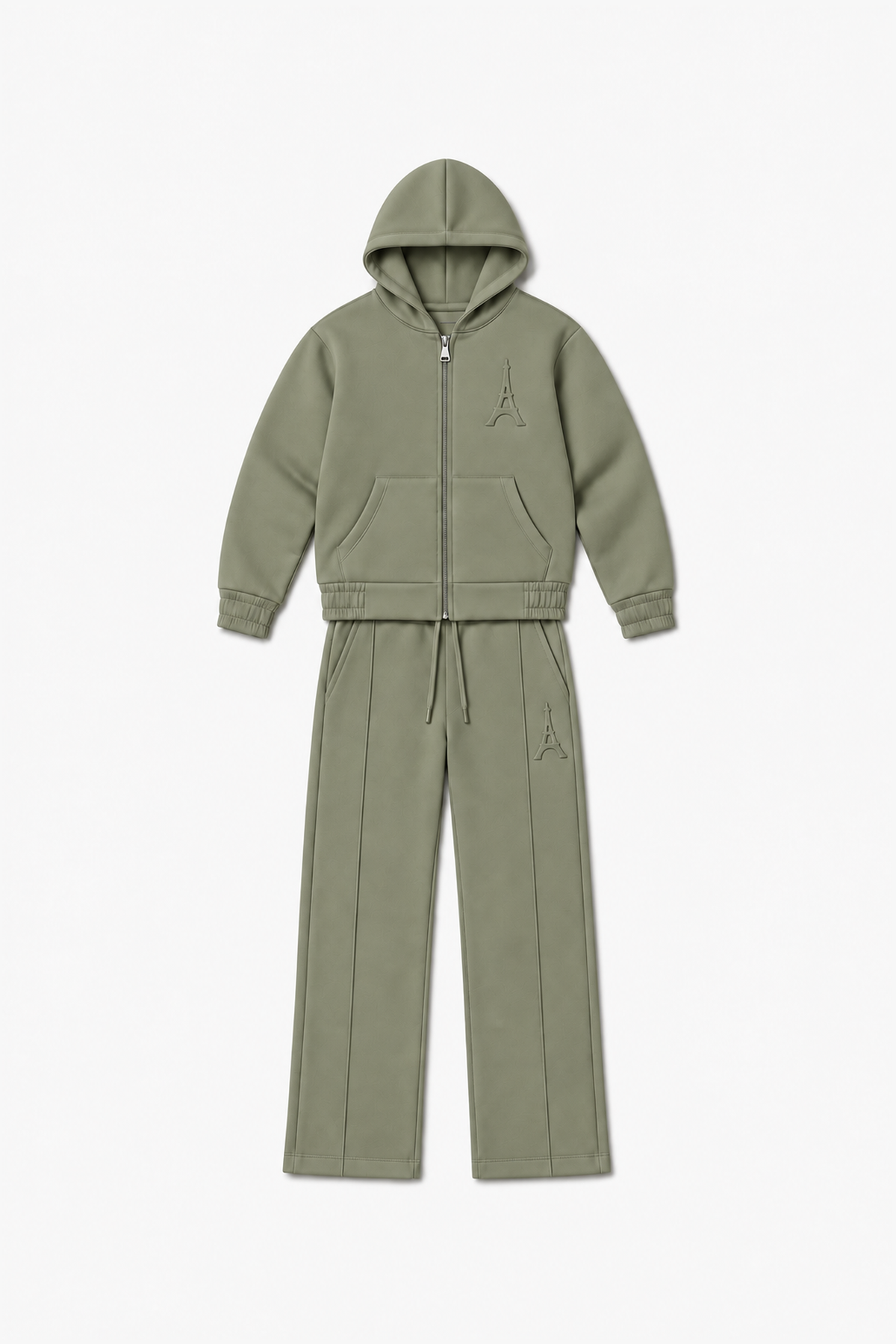 LP2616 — Olive — Vue à plat, reliefs Eiffel sur veste et pantalon