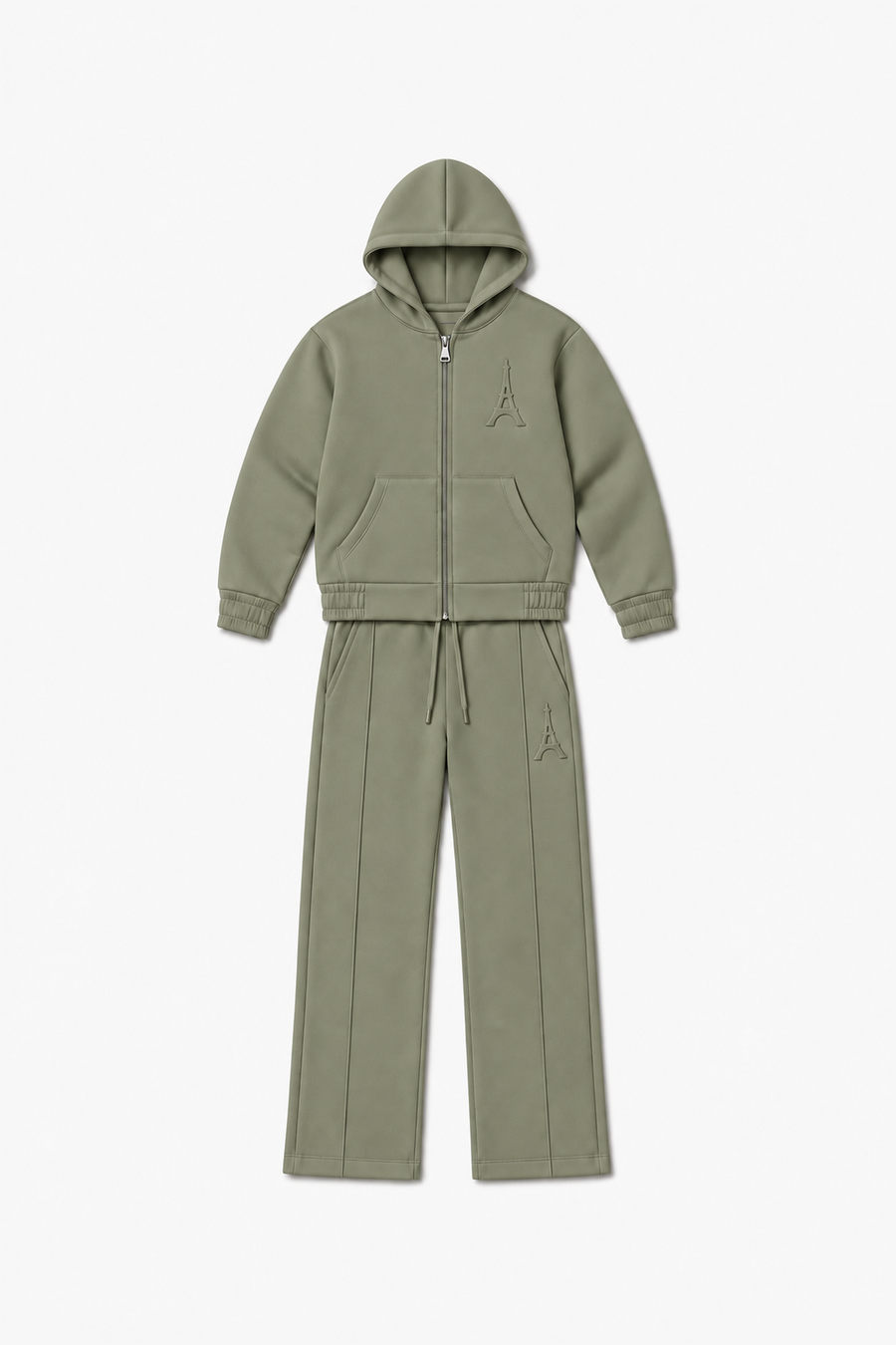 LP2616 — Olive — Vue à plat, reliefs Eiffel sur veste et pantalon