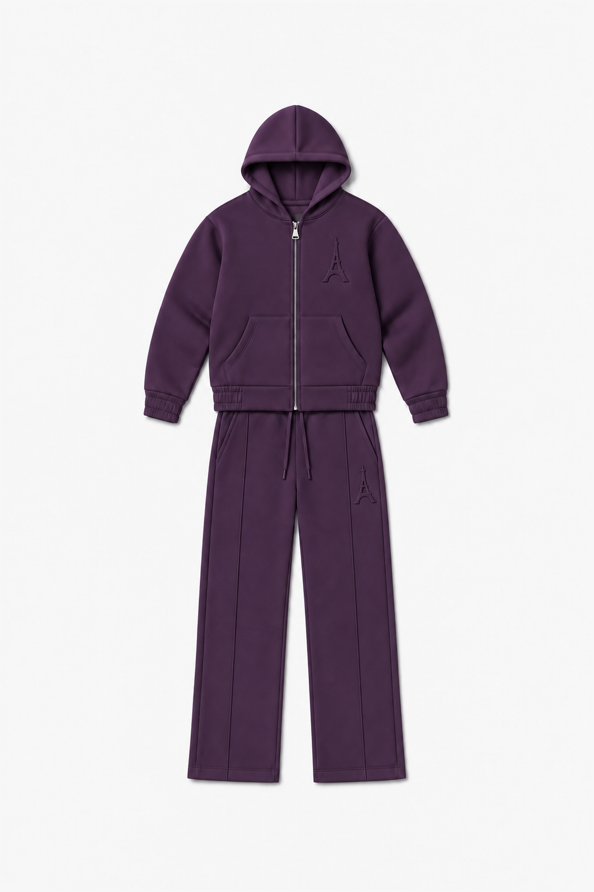 LP2616 — Violet foncé — Vue à plat, reliefs Eiffel sur veste et pantalon