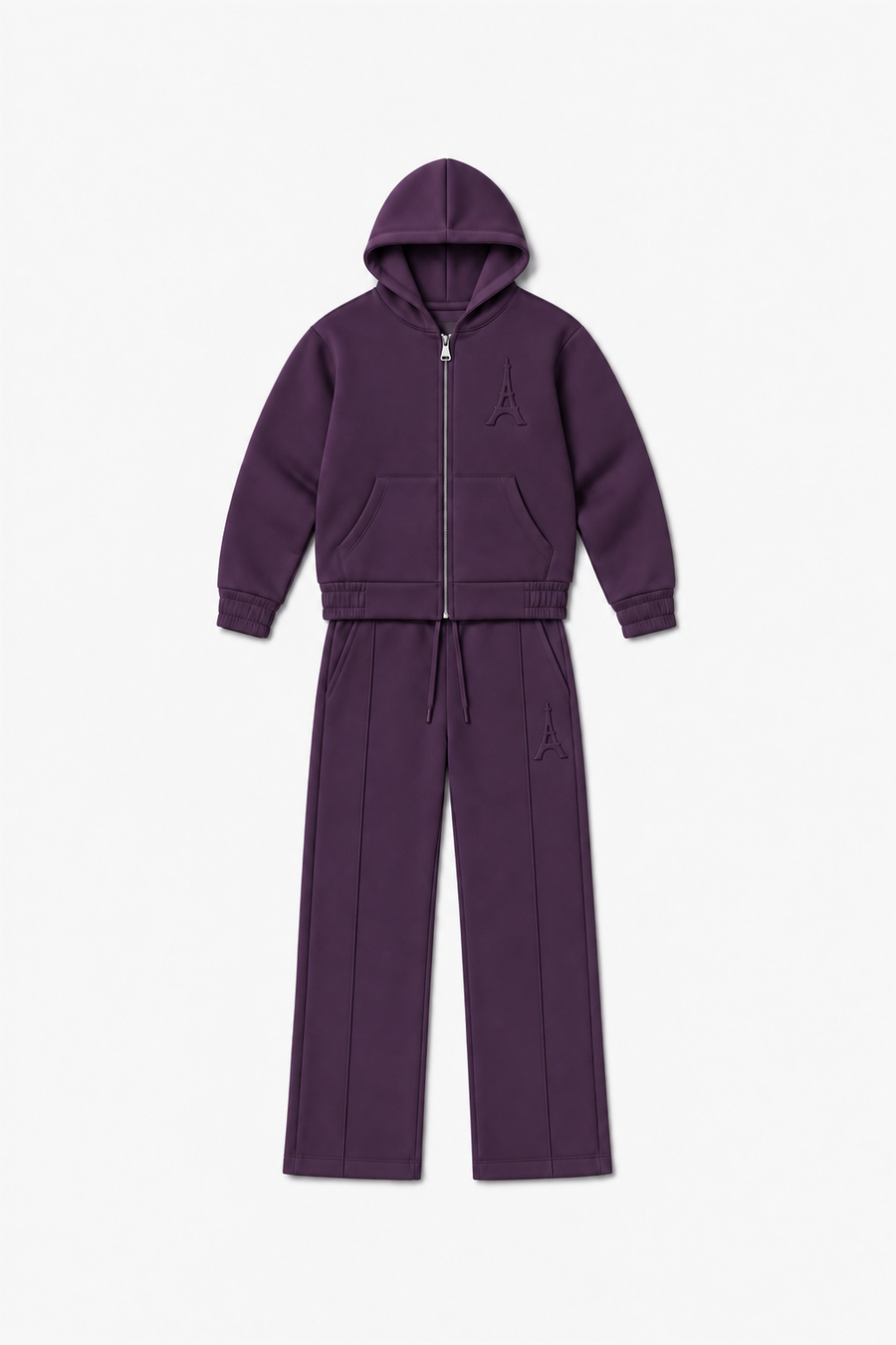 LP2616 — Violet foncé — Vue à plat, reliefs Eiffel sur veste et pantalon