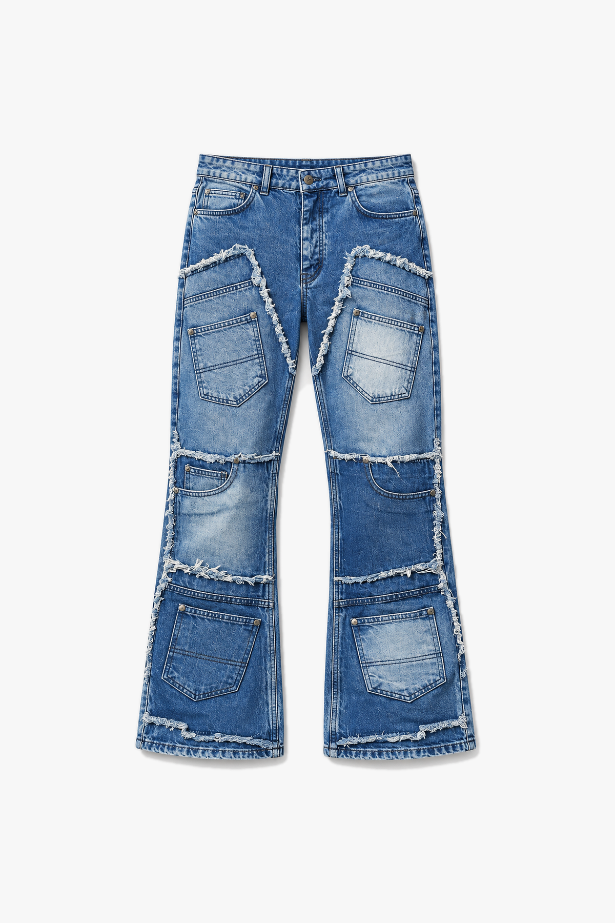 Jean flare patchwork FG 109 — Bleu — vue à plat