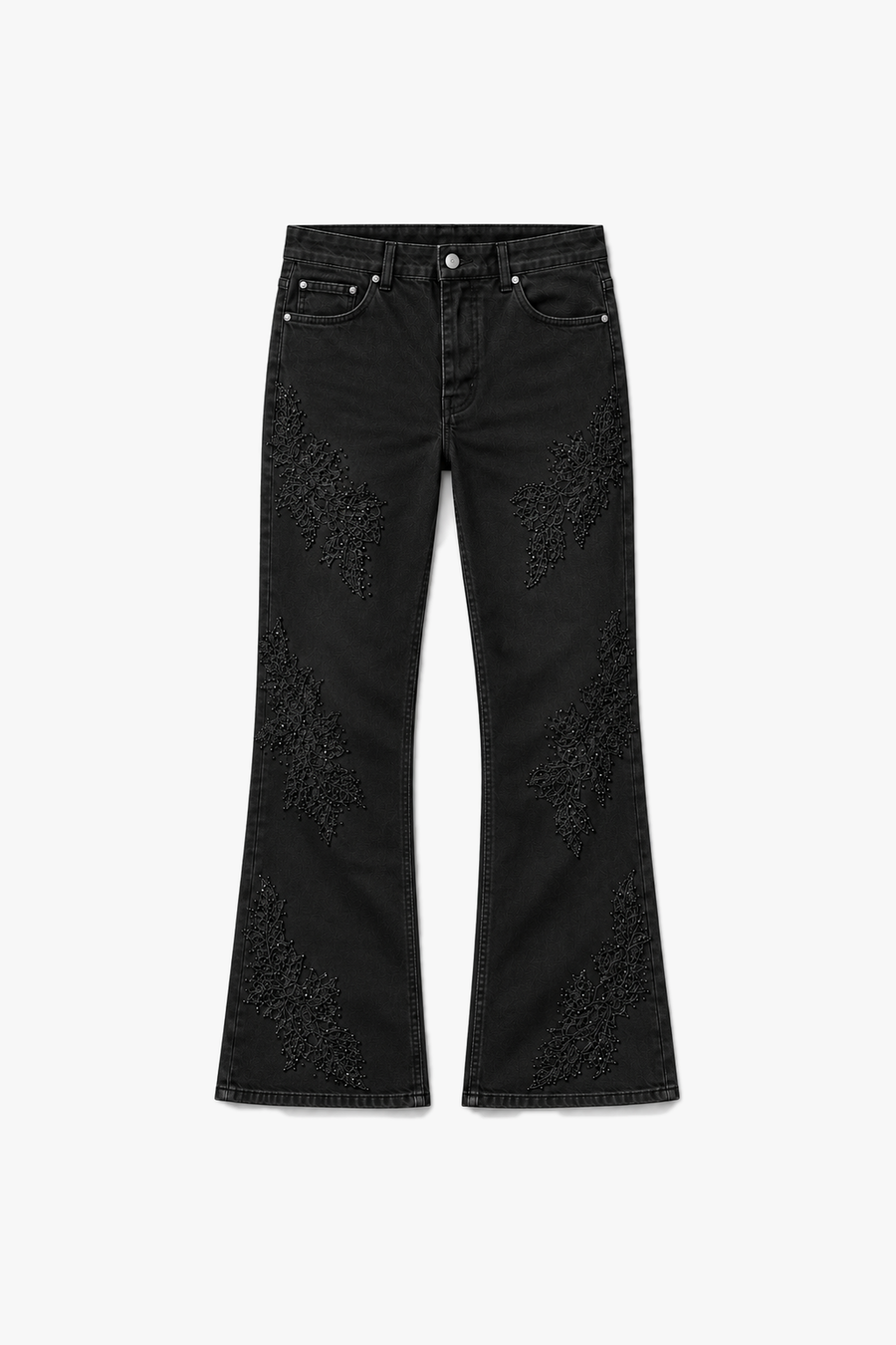 Jean flare brodé FG 107 - Noir - Vue à plat sans mannequin